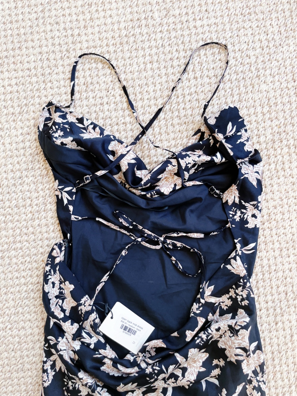 Mable Open Back Floral Midi Dress NWT Size Medium Black Satin Lace-Up Back S - Picture 12 of 12
